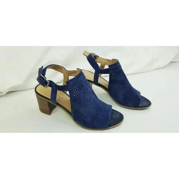 Franco Sarto Size 8M Women's Blue Suede Buckle Ankle Strap Open Toe Block Heel - Picture 10 of 13